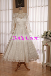 Classic Vintage 1950s Tea Length Lace Wedding Dress with Sleeves,Audrey Hepburn Wedding Dress,DO021-Dolly Gown